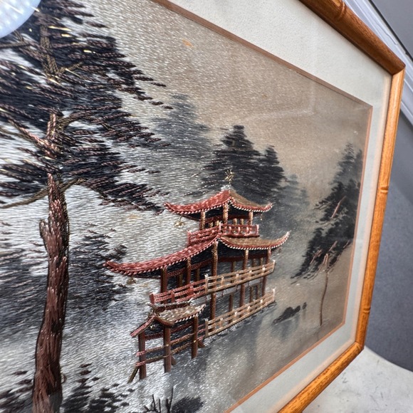 Vintage Framed Asian Silk Embroidery Pagoda Temple Bamboo Frame Wall Art Decor - Picture 1 of 11